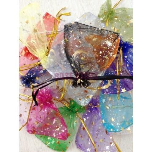 Free Shipping 50pcs High Quality 9x12cm Organza Gift Bag Assorted Color Moon Star Pattern Organza Wedding Favors Candy Gift Bags