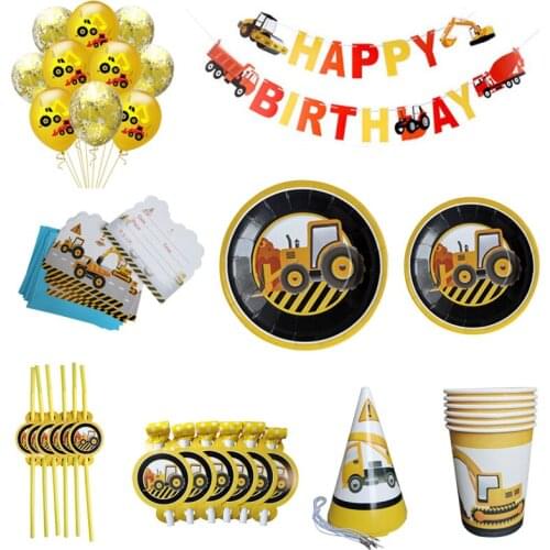 Construction Theme Paper Plates Cups Straw Disposable Tableware Set Children Boys Cartoon Car Birthday Party Supply Decoration