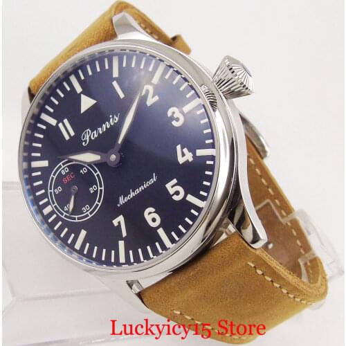 Polished Hand Winding Mens Watch Luminous Marks 44mm Mechanical Wristwatch 6497 Movement