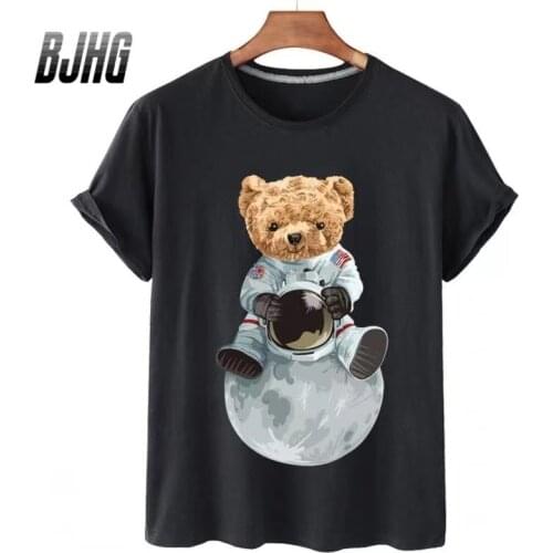 100% Cotton Space Bear Print Short-sleeved T-shirt Female Half-sleeved 2021 Summer Casual Oversized T-shirt Male Shirt S-XL