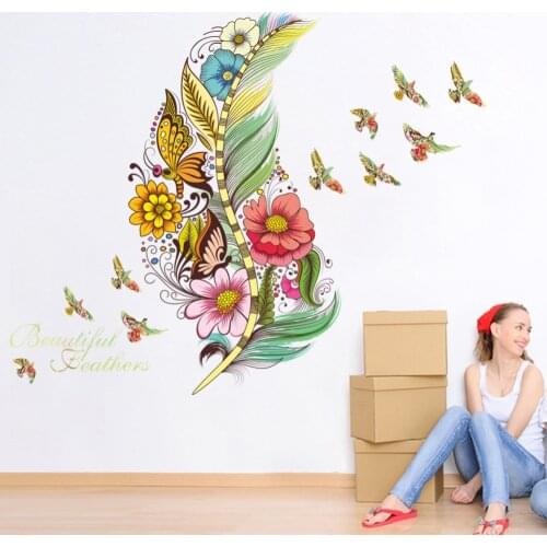 Colorful 3D Vivid Feather Flowers Wall Stickers Home Decor Butterfly Birds Art Mural PVC Self-adhesive Refrigerator Wallpaper