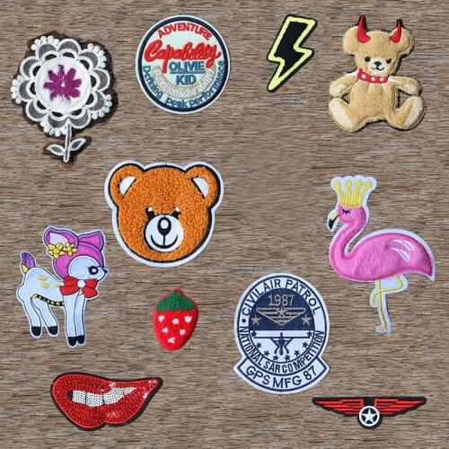 Bear Flowers Flamingo Lightning Chenille Icon Towel Embroidered Applique Patches For Clothes DIY Iron on Badges on the Backpack