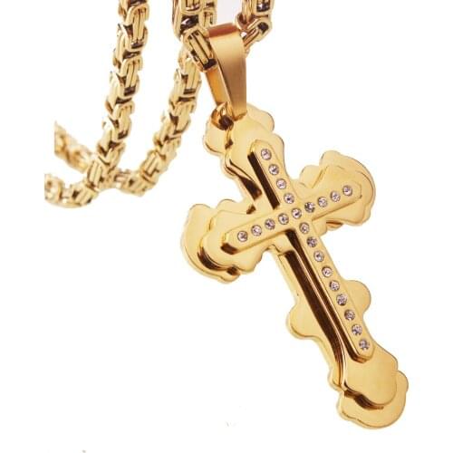 Fashion Cross Pendant Necklace for Men Gold Color Stainless Steel 5mm Byzantine Pendant Necklace for Men Jewelry 18-36 inch