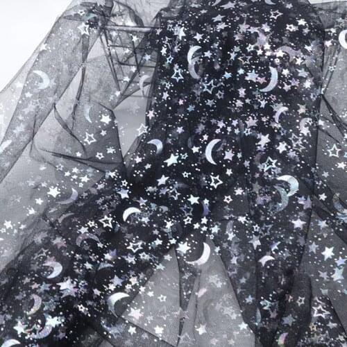 Soft Pink Colorful Star And Moon Gauze Mesh Fabric For Dress, White, Black, Green, Blue, Light Purple, Beige, Red, By The Meter