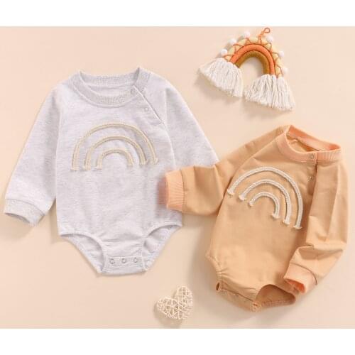 Lioraitiin 0-24M Newborn Infant Baby Boy Girl Autumn Bodysuit Fashion Rainbow Printed O-Neck Jumpsuit 2Colors