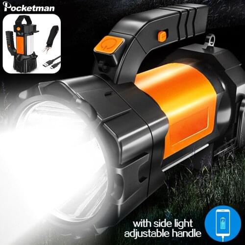 Portable LED Searchlight with Warning Red Light Handle Adjustment Work Light with Built-in Battery USB Rechargeable Flashlight