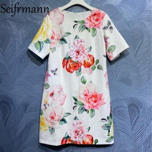Seifrmann New 2021 Summer Women Fashion Designer Party Mini Dress Short Sleeve Gorgeous Beading Floral Printed A-Line Dresses