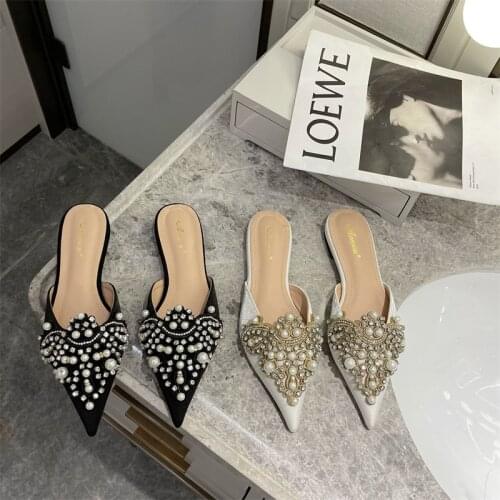 Pointed String Bead Slippers Summer Shallow Casual Slip On Low Heel Mules Loafer Flat Slides Sandals Beach Shoe Zapatillas Mujer
