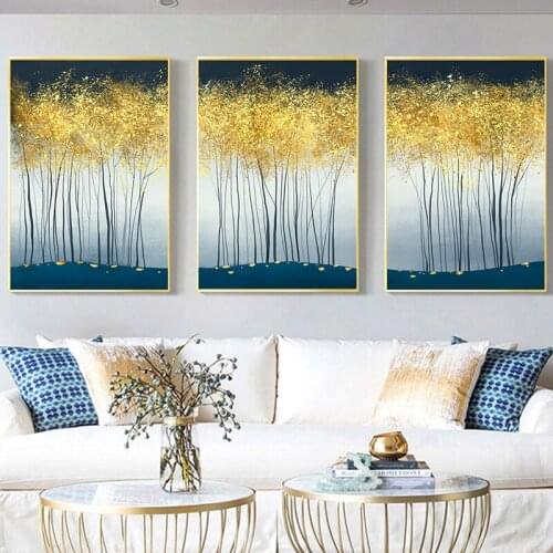 Modern Living Room Painting Abstract Bright Golden Fantasy Canvas Poster Forest Nordic Triple Decorative Painting Home Décor