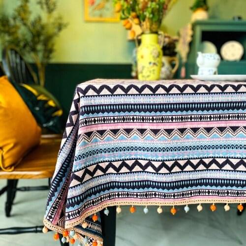 Bohemian Style Tablecloth Beaded Tassel Linen Fabric Tablecloth Home Decoration Coffee Table Cover Colorful Square Table Cloth