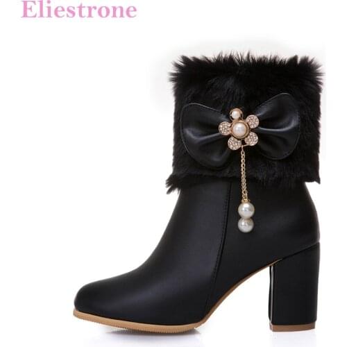 Brand New Hot Winter Sweet White Black Women Snow Boots Vogue High Heels Lady Mid Calf Shoes SY632 Plus Big Size 10 33 45 48 52