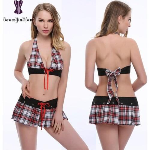 Women Lingerie Sets, Plaid Bandage Schoolgirl Costume Sexy Strap Halter Outfit Romper Mini Skirt Babydoll 1014
