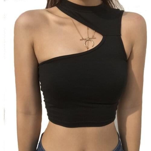 Women Solid Short Crop Top Halter Tank Top Summer Fashion Casual Asymmetrical Sleeveless Cool Girls Streetwear Off Navel T-Shirt