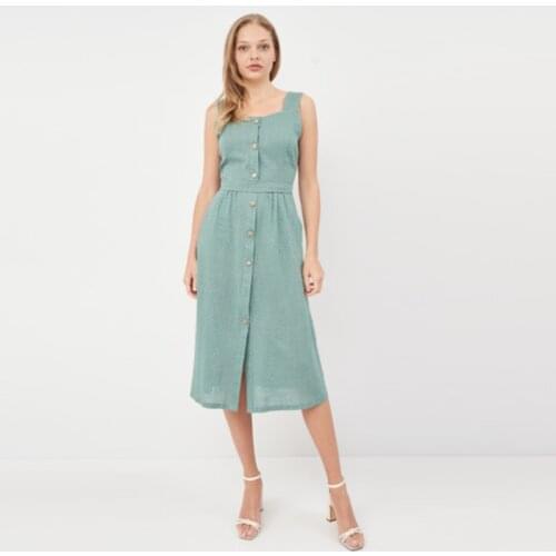 Women Casual Summer Dress Square Neck Sleeveless Front Button White Polka Dot Pattern Printed Green Long Dress 2021 New Fashion