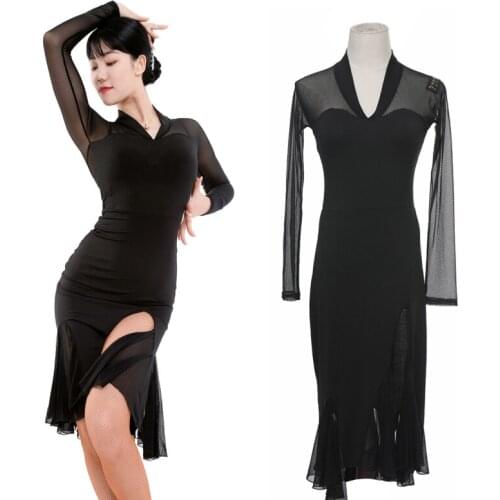 Women Latin Dance Dress Mesh Stitching Slit Sexy Long Sleeve Dress National Standard Dress Latin Dance Competition Dress DN7058