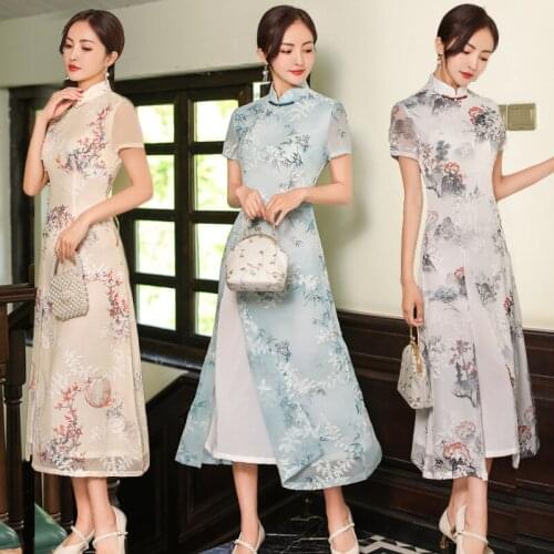 Spring and Summer New Fashion Girl Chiffon Embroidered Chinese Style Womens Improved Cheongsam Dress Long Skirt