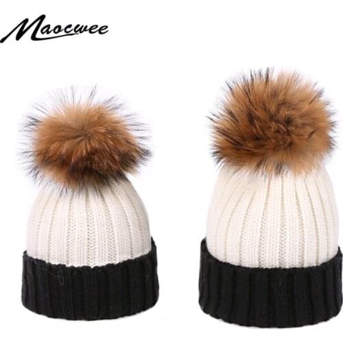 Winter Warm Beanie Hat with Real Raccoon Fur Pompon Parent-Child Beanie Caps Cotton Knitted Mom Baby Hat Outdoor Beanies Caps