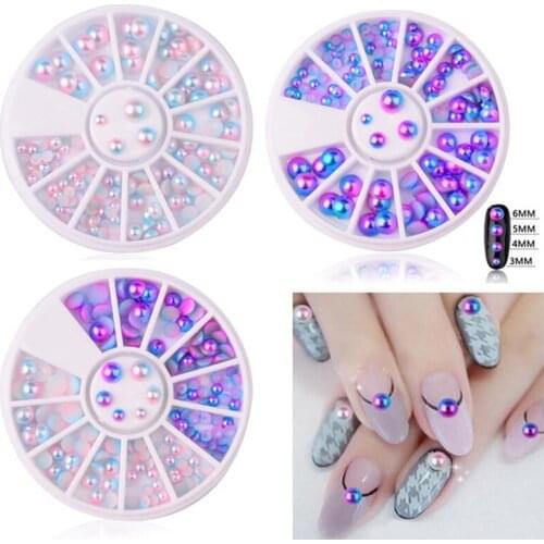 3mm/4mm/5mm/6mm-1wheele Peal Rhinestones Nail,Manicure Flat-Back Half-round Beads,Gradient Colorful Semicircle Pearl Rhinestones