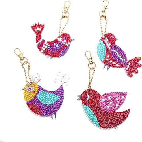 4pcs Full Drill Special Shape Rhinestone Drawing Kit Birds Animal 5D Diamond Painting Keychains Keyrings DIY Mosaic Gift