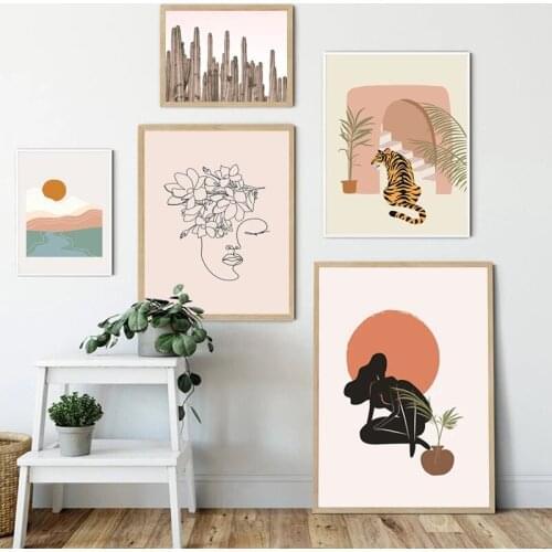 Mountain Sun Print Blush Pink Boho Abstract Art Canvas Painting Picture Woman Line Drawing Poster Minimalist Home Wall Art Decor
