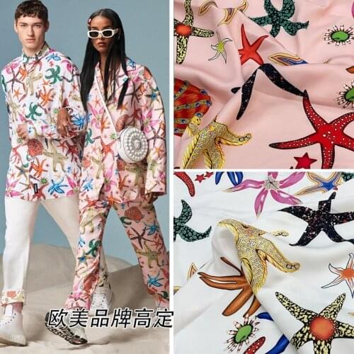 Brand Showground Flower Digital Printing Ocean Starfish Cartoon Satin Fabric For Dress Polyester Fashion Custom Fabric Per Meter