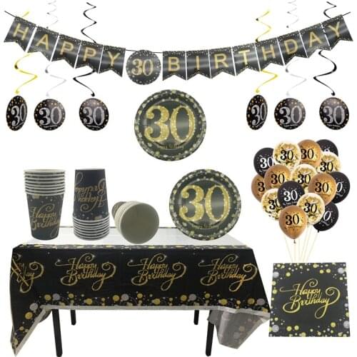 Black Gold Happy Birthday 30 40 50 60 Paper Plates Cups Napkins Tablecloth Women Men 30th 40th 50th 60th Birthday Party Supplies