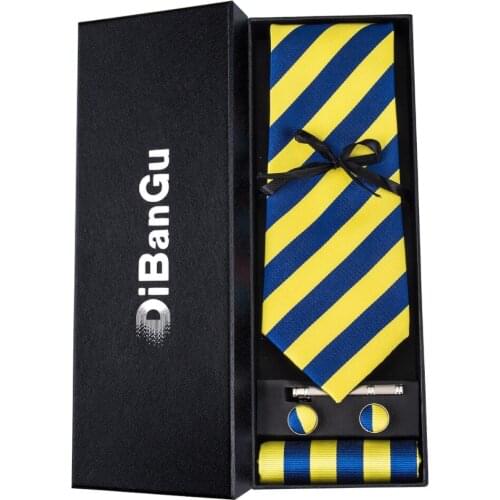 DiBanGu New Yellow Blue Striped Gift Tie for Men 100% Silk Tie Business Wedding Party Tie Set hanky Cufflinks Tie MJ--1490