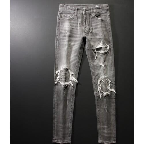 American Street Fashion Men Jeans Retro Gray Elastic Slim Fit Ripped Jeans Men Brand Patches Designer Hip Hop Denim Punk Pants