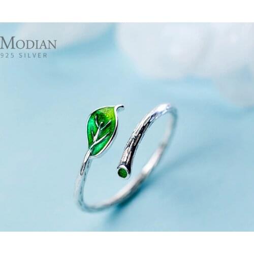 Modian New Green Enamel Leaves Branch Ring for Women Fashion Genuine 925 Sterling Silver Plant Free Size Ring Fine Jewelry Gift