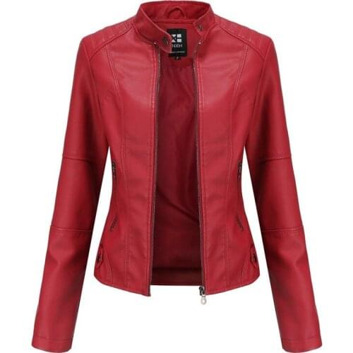 Motorcycle Jackets Women 2020 Stand Collar Zipper Slim All-match Jacket Womens PU Leather Simple Elegant Ladies Overcoats