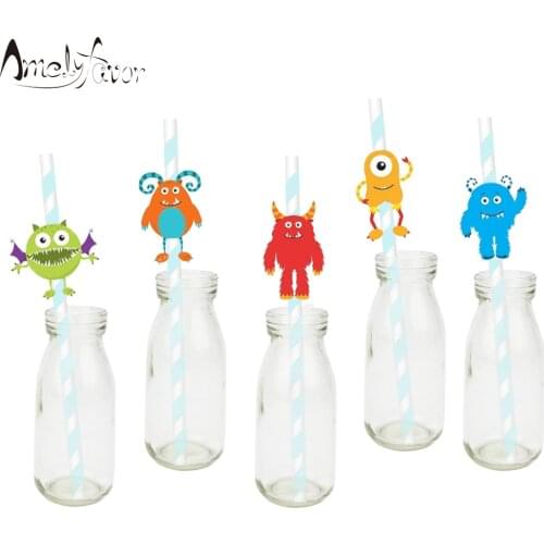 Monster Theme Party Paper Sticker Straws 25 PCS Drinking Straws Baby Shower Event Birthday Party Decorations Supplies