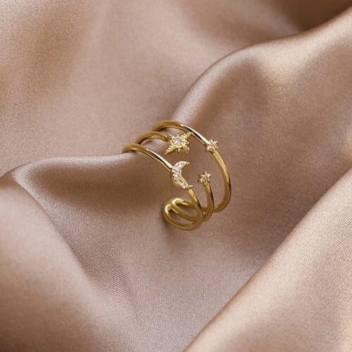 2021 New Senior Fresh Crystal Moon And Star Modelling Women Opening Rings Fashion Contracted Multilayer Adjustable Rings Jewelry