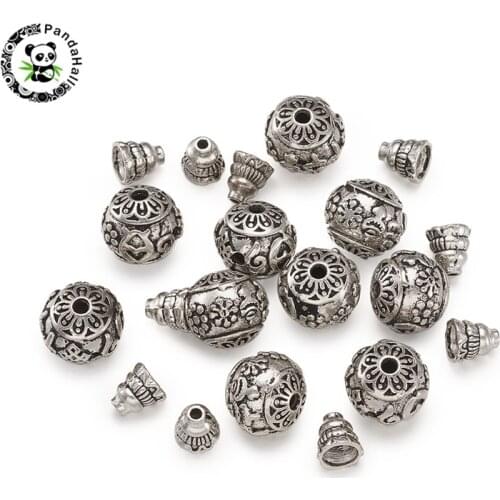 Pandahall 10Sets Vintage Buddha Style 3-Hole Round Beads Gourd Brass Beads Set for DIY Jewelry Buddha Making AntiqueSilver Color