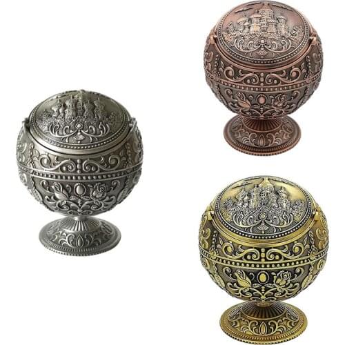 Ash Bowl with Cover Creative Personality Metal Spherical Castle Pattern Globe Decoration Household Smoke Cylinder