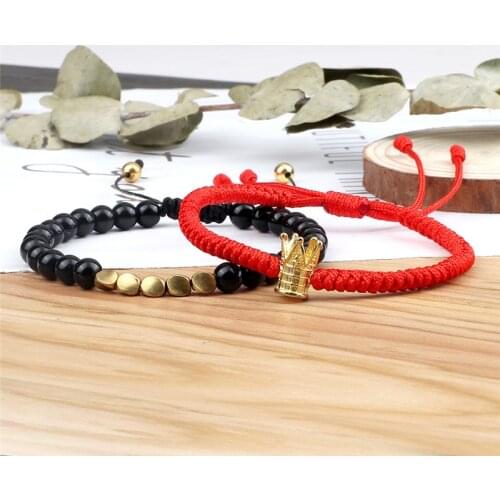 Lava 2Pcs/Set Braided Bracelets 6MM Beaded Crown Jewelry Natural Stone Bracelets&Bangles For Men/Women Nylon Rope Woven Pulseras