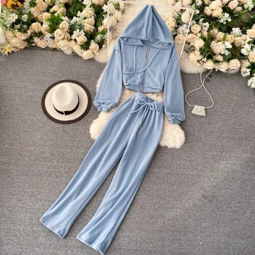 Casual New Women Sporty Style Clothing Set Loose Hooded Zipper Top and High Waist Trousers One Set