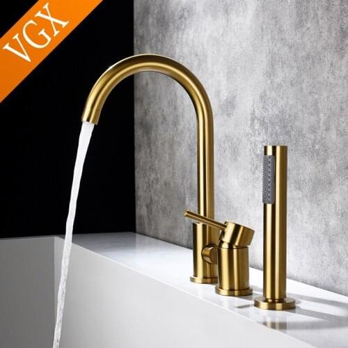 VGX Bathroom Bathtub Faucet with Handheld Shower Single Handle 3Hole Bath Mixer Shower Systems Brass Brushed Golden Chrome Black