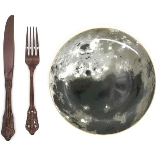 Stylish Black Plate Moon Flat Dish Hand-painted Edible Dessert Salad Fruit Plate Utensils Starry Sky Food Tray Round Dishes 1pcs