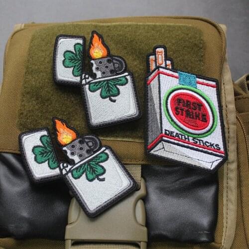 Creative Lighter Cigarette Case Embroidery Patches First Strike Death Sticks Lucky Grass Tactical Badge For Clothes Bag Applique