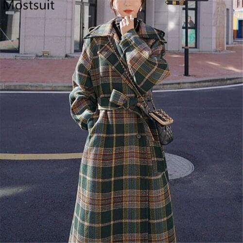 Vintage Plaid Thicken Women Wool Long Coat Outercoat Women 2020 Winter Warm Single-breasted Belted Korean Ladies Overcoat Femme