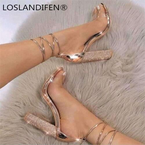 Women Heeled Sandals Bandage Rhinestone Ankle Strap Pumps Super High Heels 11 CM Square Heels Lady Shoes 014C1931 -4