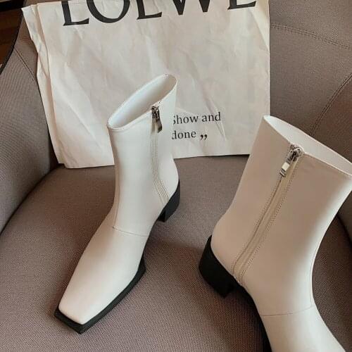 2021 Spring and Autumn New Knight Boots Female Thick High Heel Boots Square Top Temperament Milk White Shoes Women Zipper