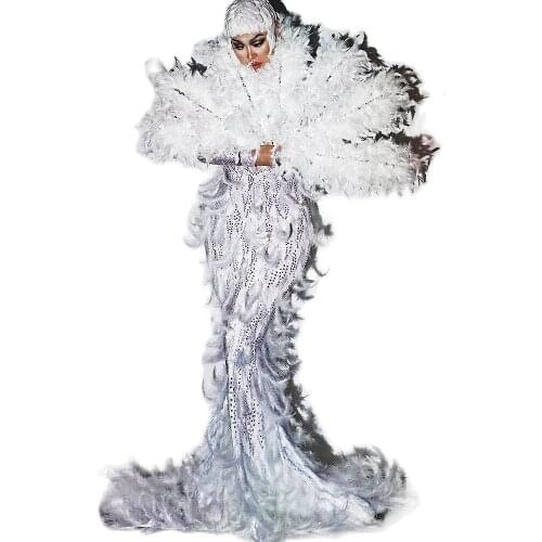 Sparkling Inlaid Rhinestones Women Dresses White Feather Long Tailing Dresses Nightclub Singer Dancer Performance Stage Wear
