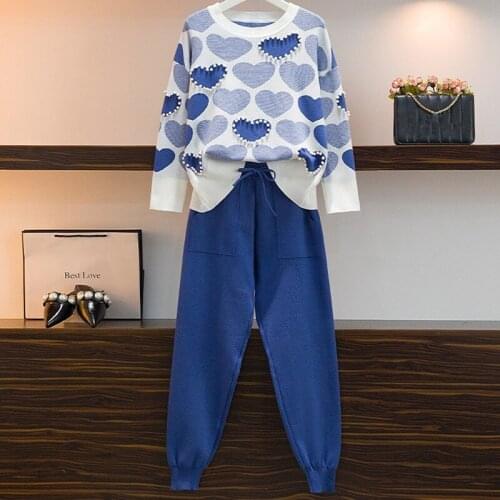 New Spring Autumn Love Pattern Beads Loose Jumpers Sweater + Knitted Harem Pants Women Casual Knitted Two Piece Trousers Set