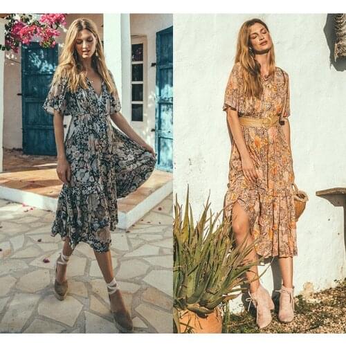 Women Bohemian Seaside Vacation Vintage V-neck Print Short Sleeve Beach Dress