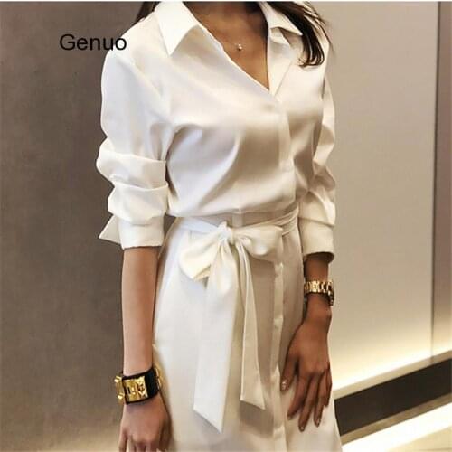 Summer White Shirts High Split Dress For Women Long Sleeve Belted Slim Waist Long Office Ladies Dresses