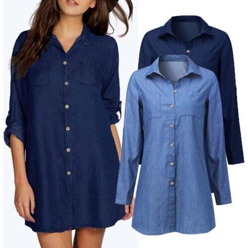 Women Autumn Denim Dress 2021 Summer Button Up Turn-down Collar Long Sleeve Mini Dresses Pocket Plus Size Short Dress Vestido