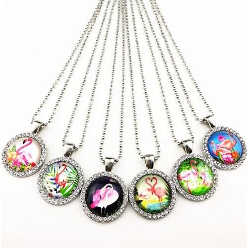 24pcs/lot Cartoon charm necklace Flamingo rhinestone pendant Ancient silver sweater chain for women girl best gift