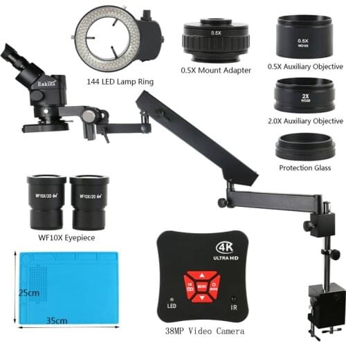 3.5X-90X Simul-Focal Industry Trinocular Stereo Microscope 38MP 1080P 4K HD HDMI Microscope Camera Articulating Arm Pillar Clamp