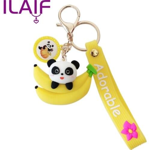 Cartoon Panda Fruit Keychain Strawberry Banana Key Pendant Creative Student Backpack Gift Car Pendant Small Jewelry Gift